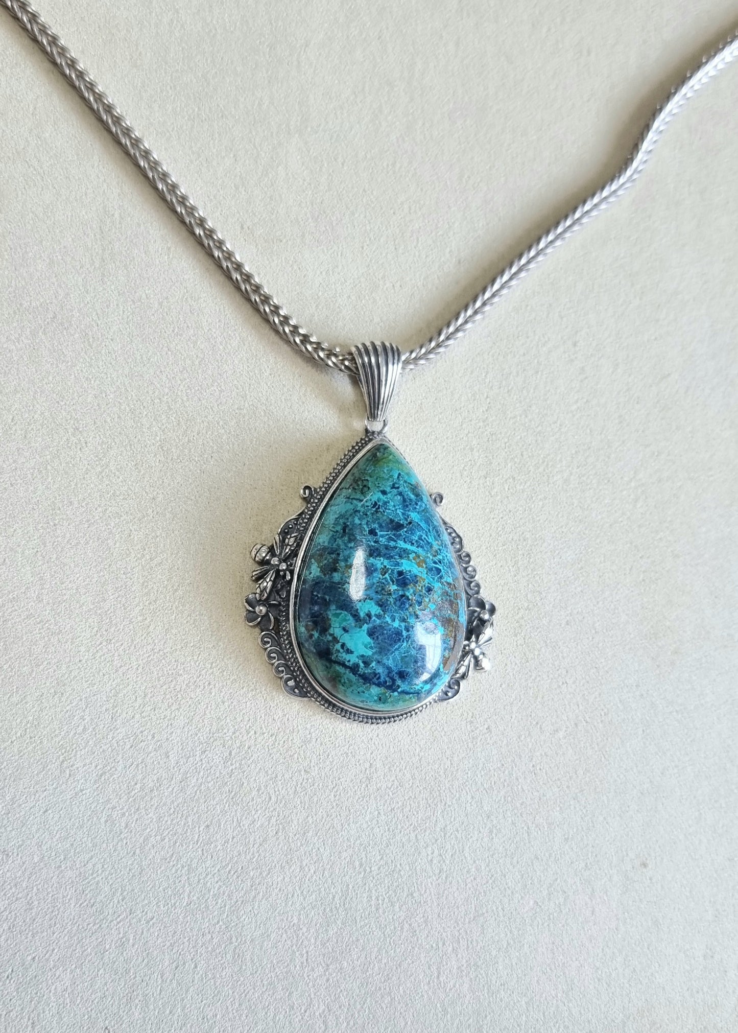 Chrysocolla Tearsdrop Pendant in S925 Tibetan Silver with Certification (High Grade)
