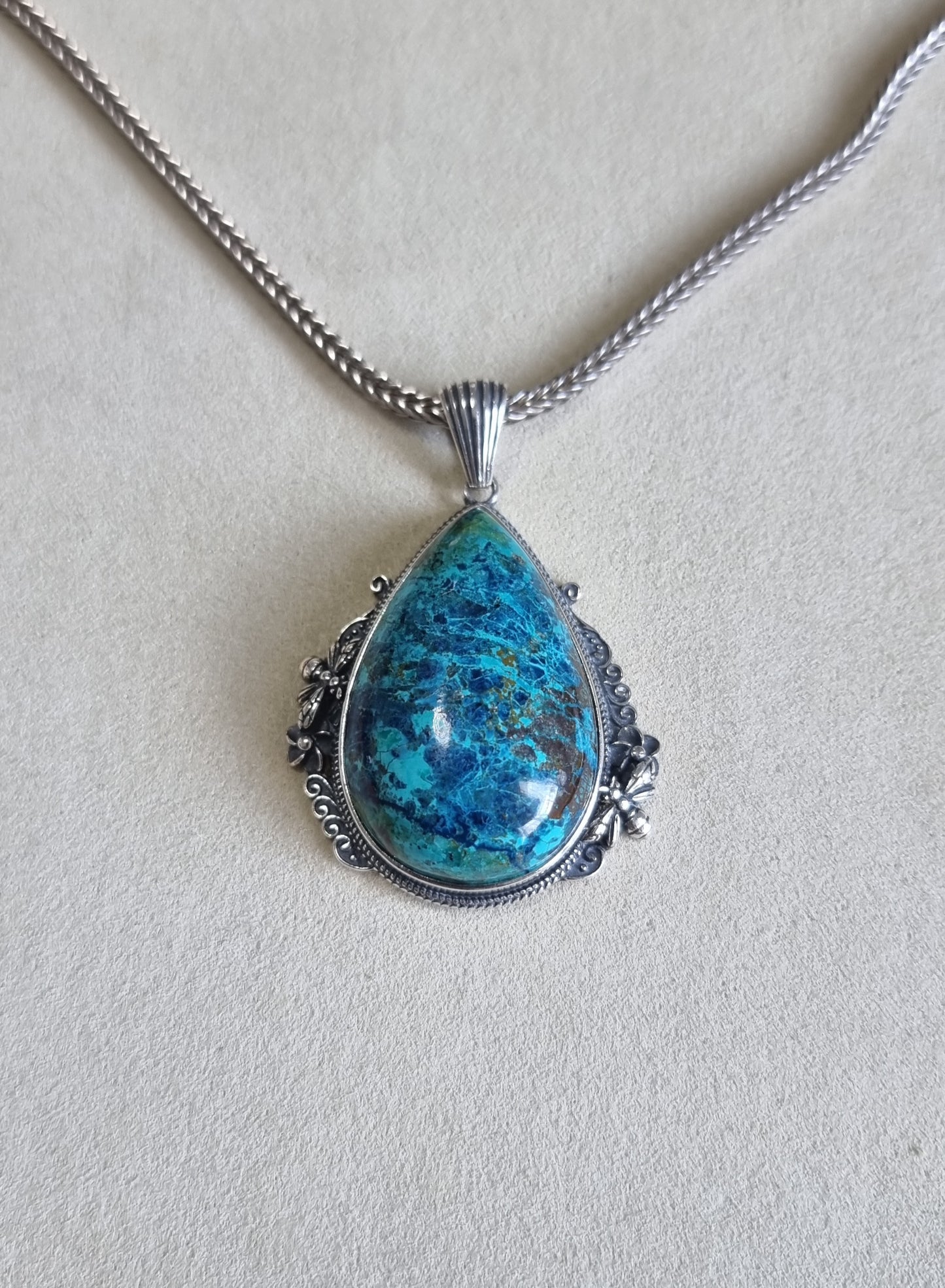 Chrysocolla Tearsdrop Pendant in S925 Tibetan Silver with Certification (High Grade)