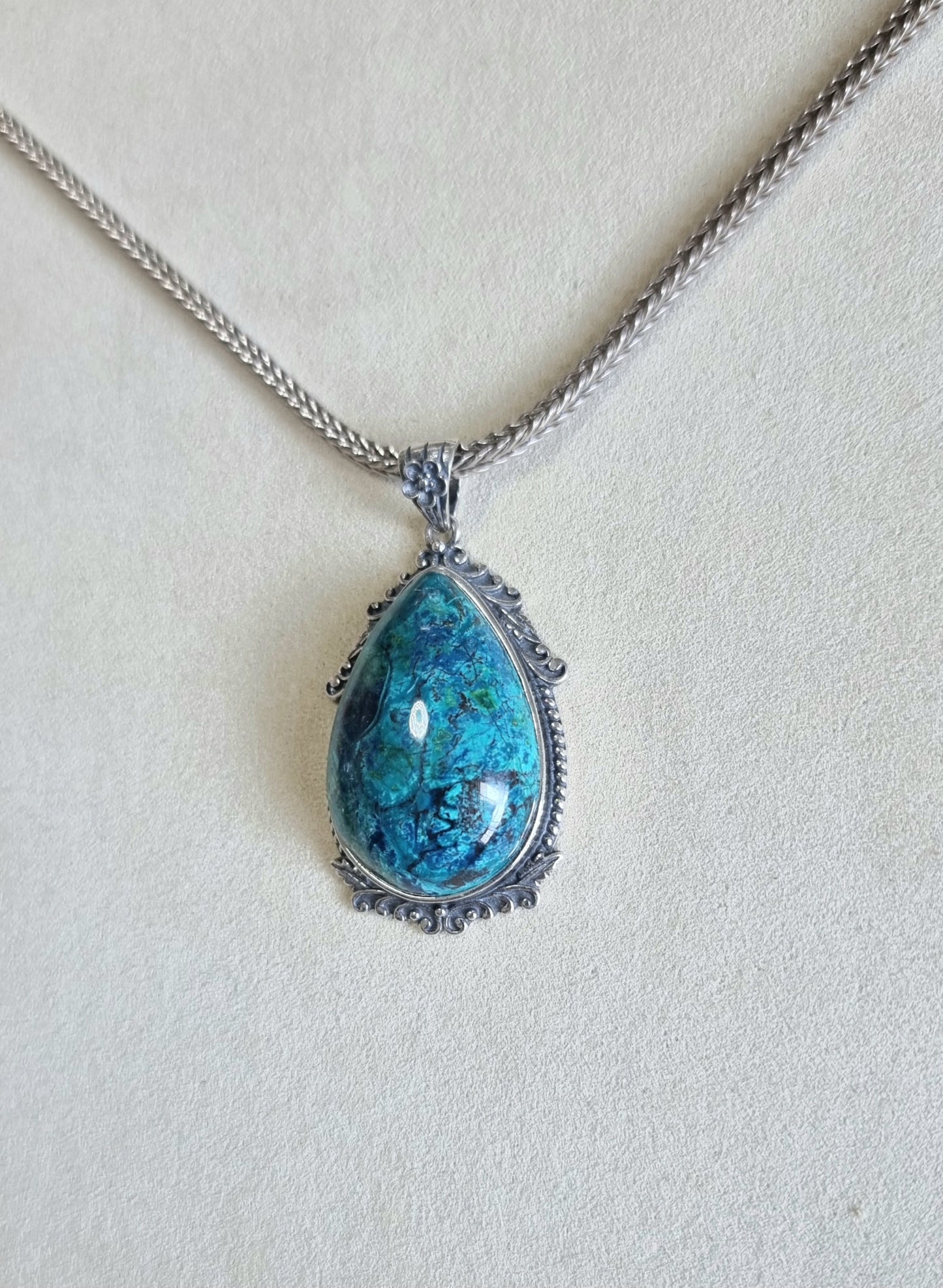 Chrysocolla Tearsdrop Pendant in S925 Tibetan Silver with Certification (High Grade)