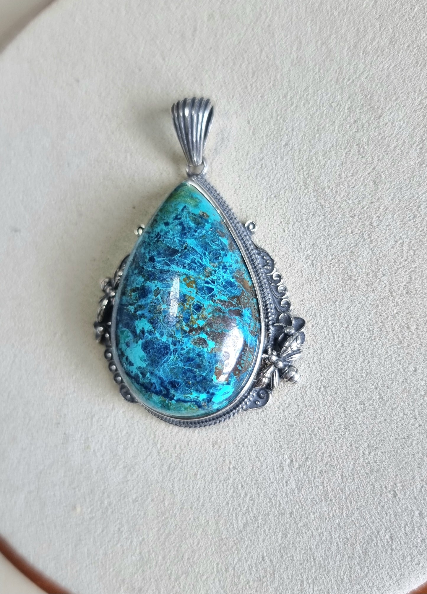 Chrysocolla Tearsdrop Pendant in S925 Tibetan Silver with Certification (High Grade)