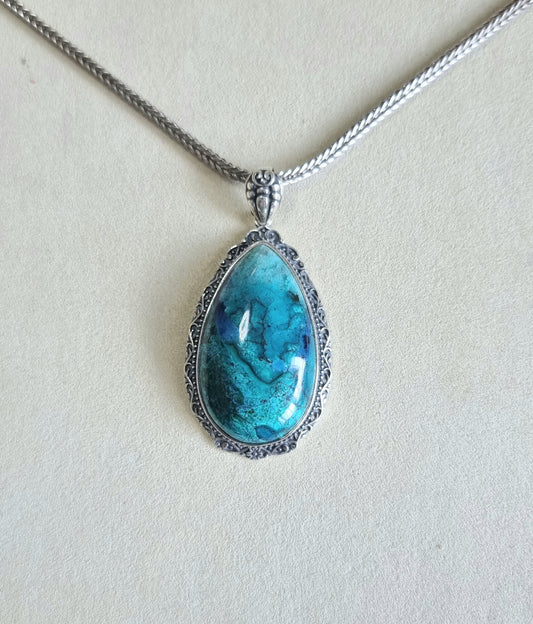 Chrysocolla Tearsdrop Pendant in S925 Tibetan Silver with Certification (High Grade)