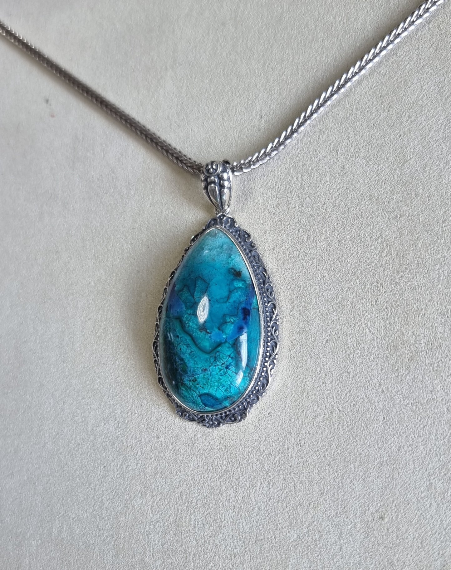Chrysocolla Tearsdrop Pendant in S925 Tibetan Silver with Certification (High Grade)