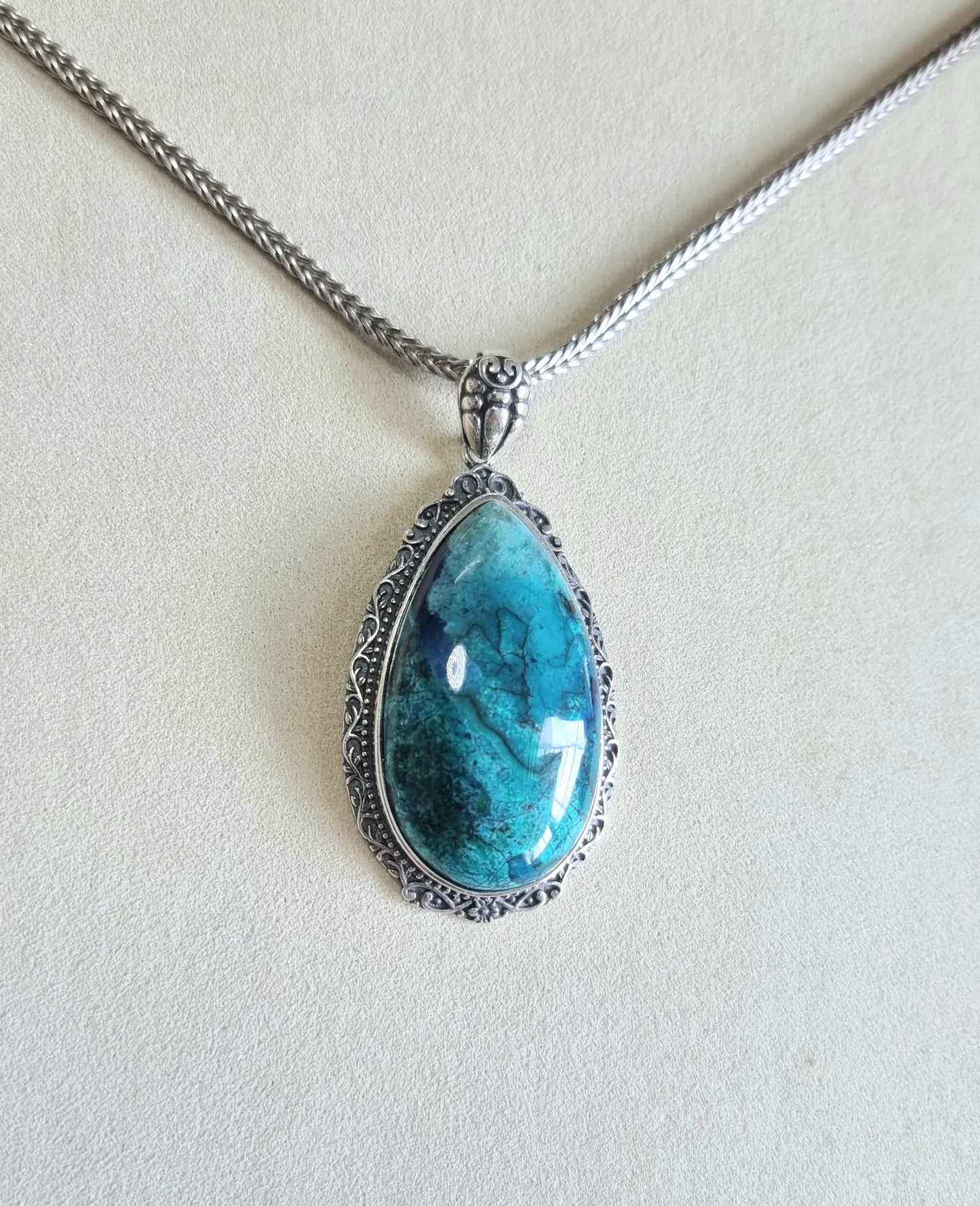 Chrysocolla Tearsdrop Pendant in S925 Tibetan Silver with Certification (High Grade)