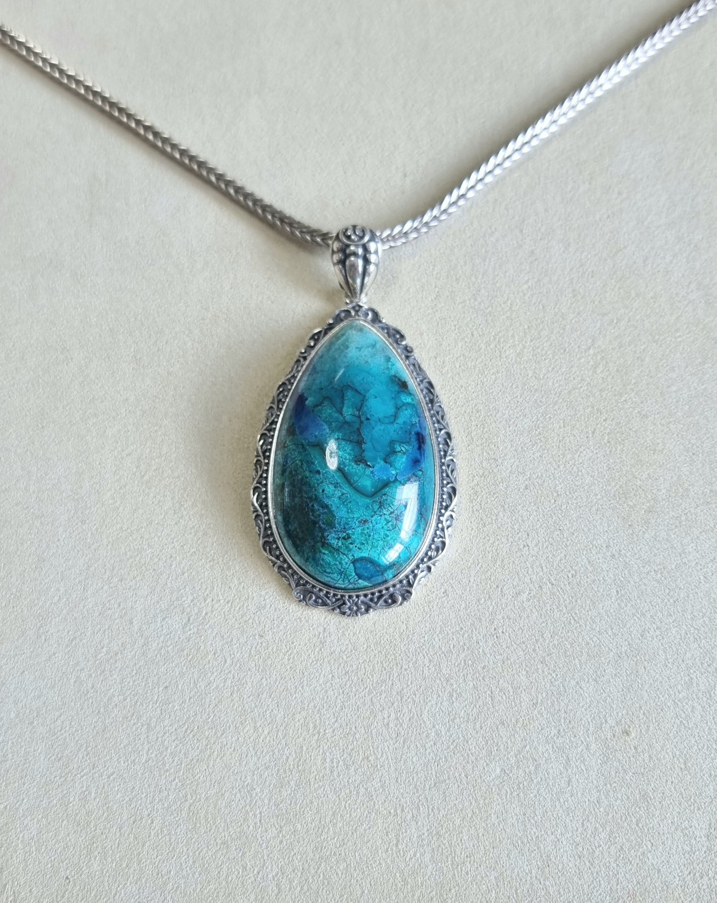 Chrysocolla Tearsdrop Pendant in S925 Tibetan Silver with Certification (High Grade)