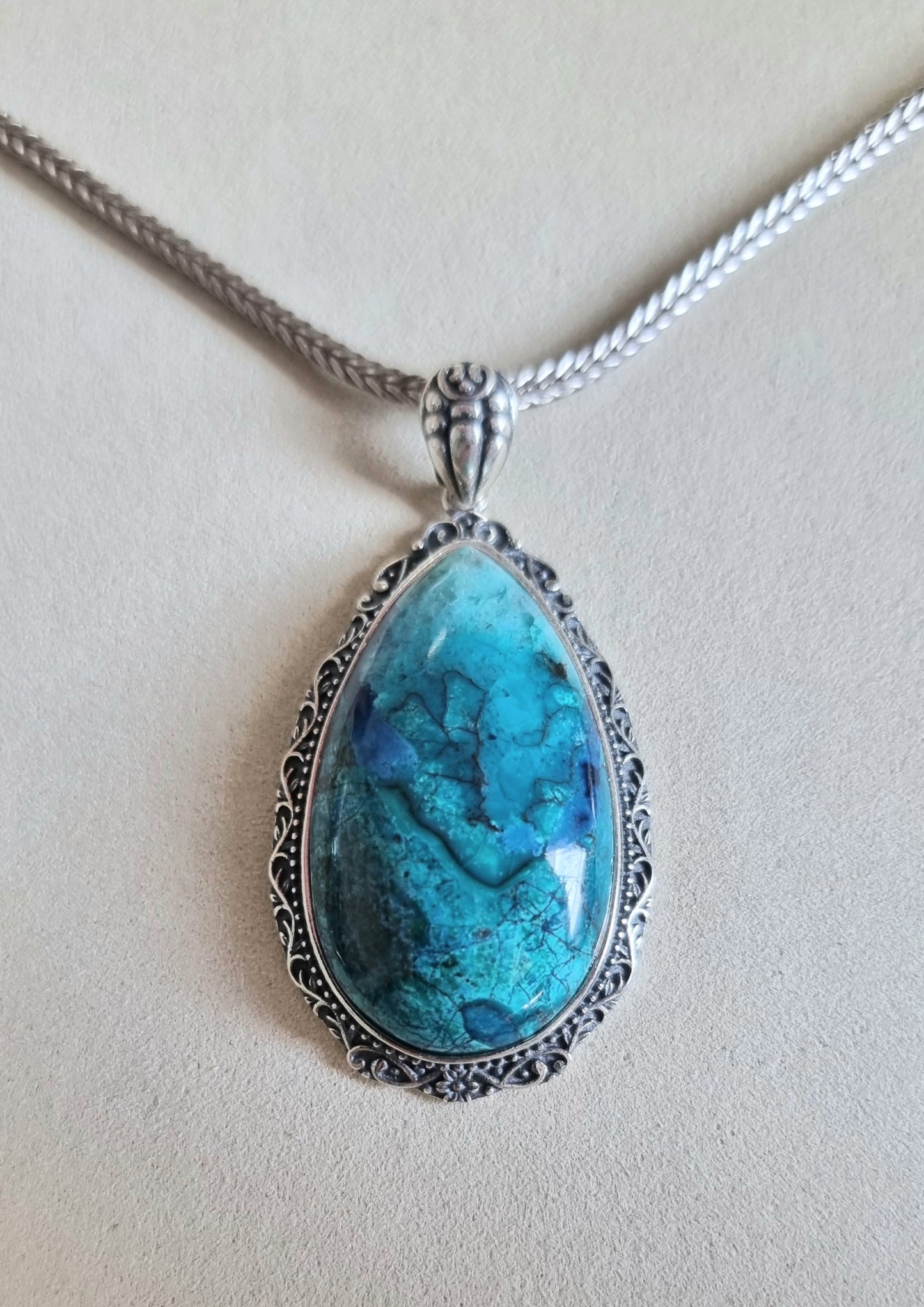 Chrysocolla Tearsdrop Pendant in S925 Tibetan Silver with Certification (High Grade)