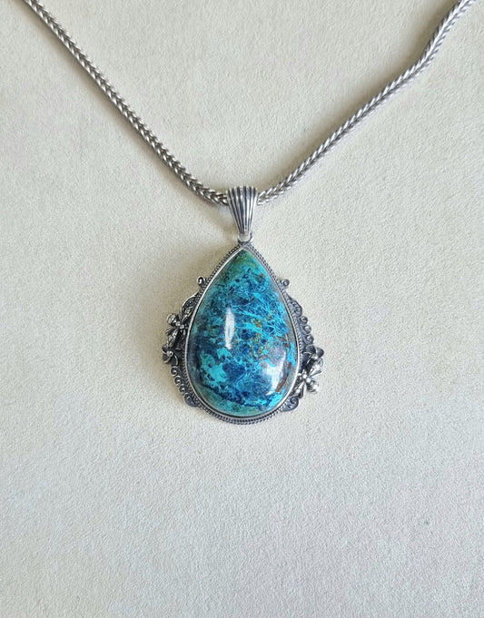 Chrysocolla Tearsdrop Pendant in S925 Tibetan Silver with Certification (High Grade)