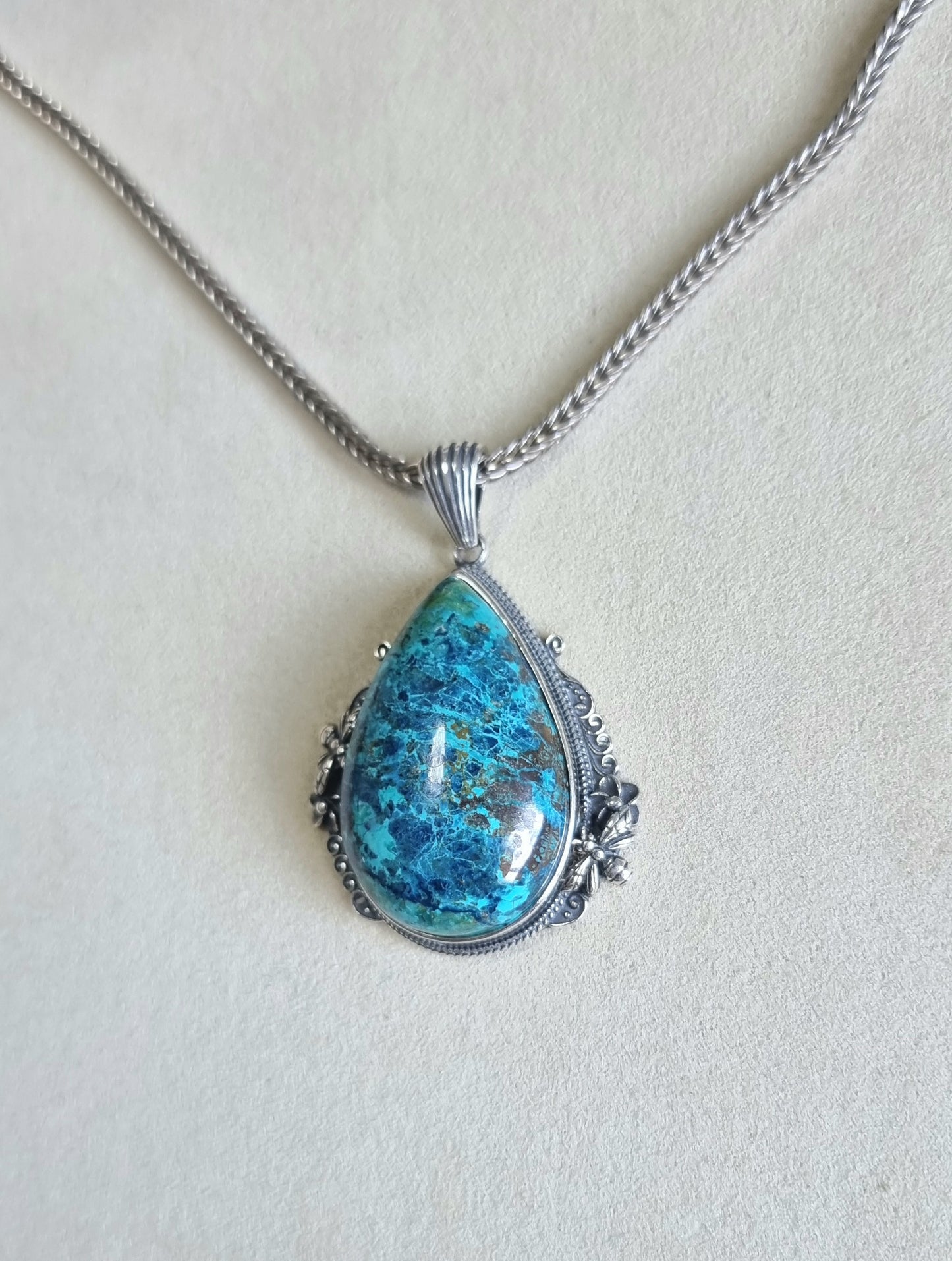 Chrysocolla Tearsdrop Pendant in S925 Tibetan Silver with Certification (High Grade)