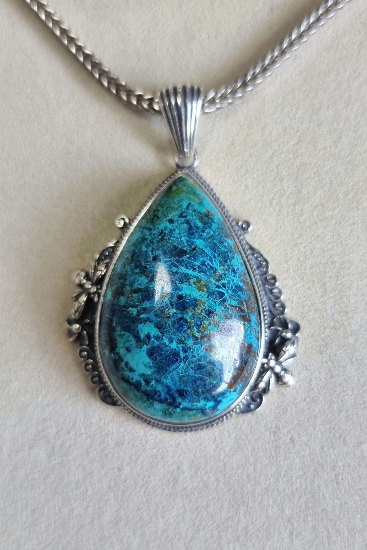 Chrysocolla Tearsdrop Pendant in S925 Tibetan Silver with Certification (High Grade)