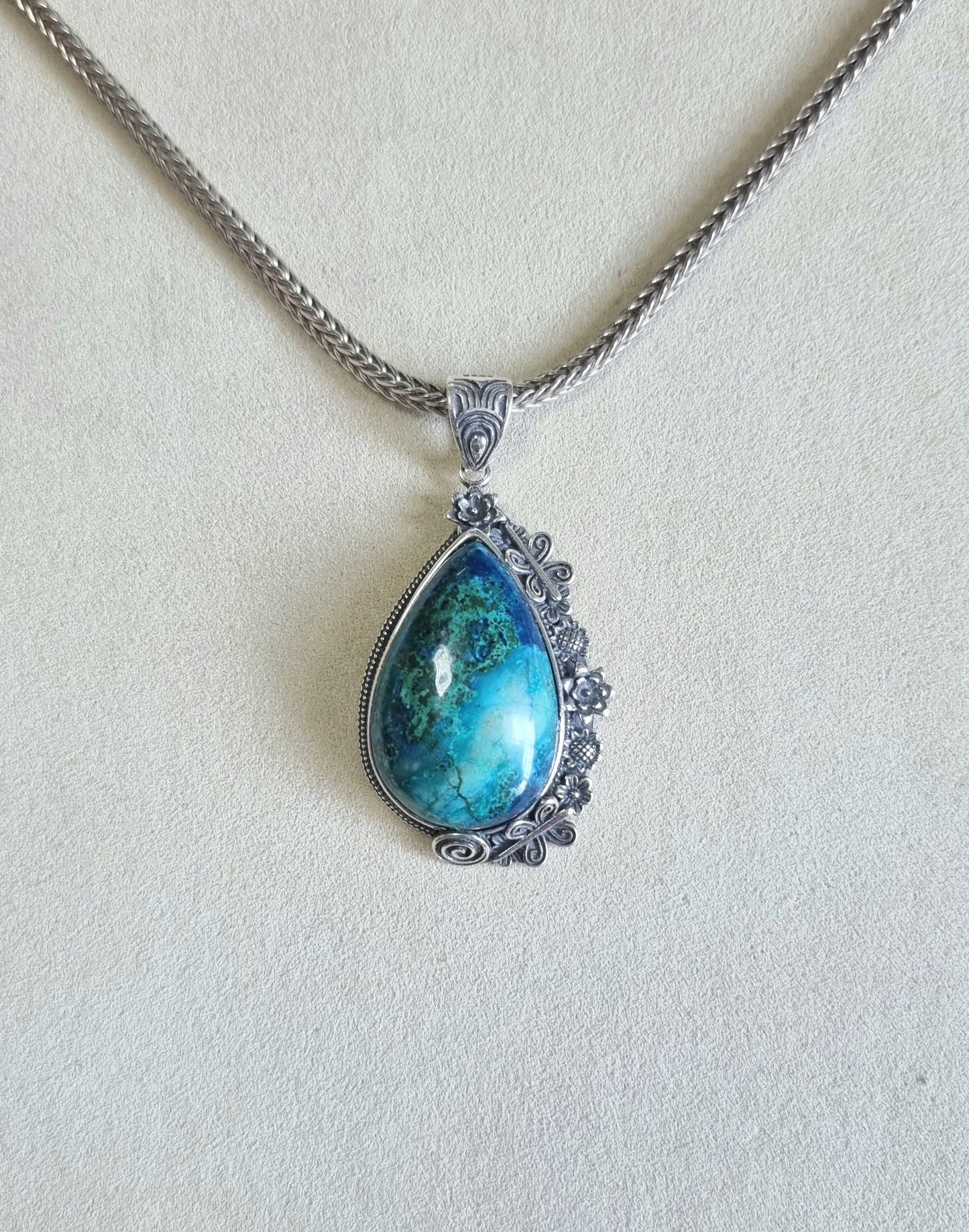 Chrysocolla Tearsdrop Pendant in S925 Tibetan Silver with Certification (High Grade)