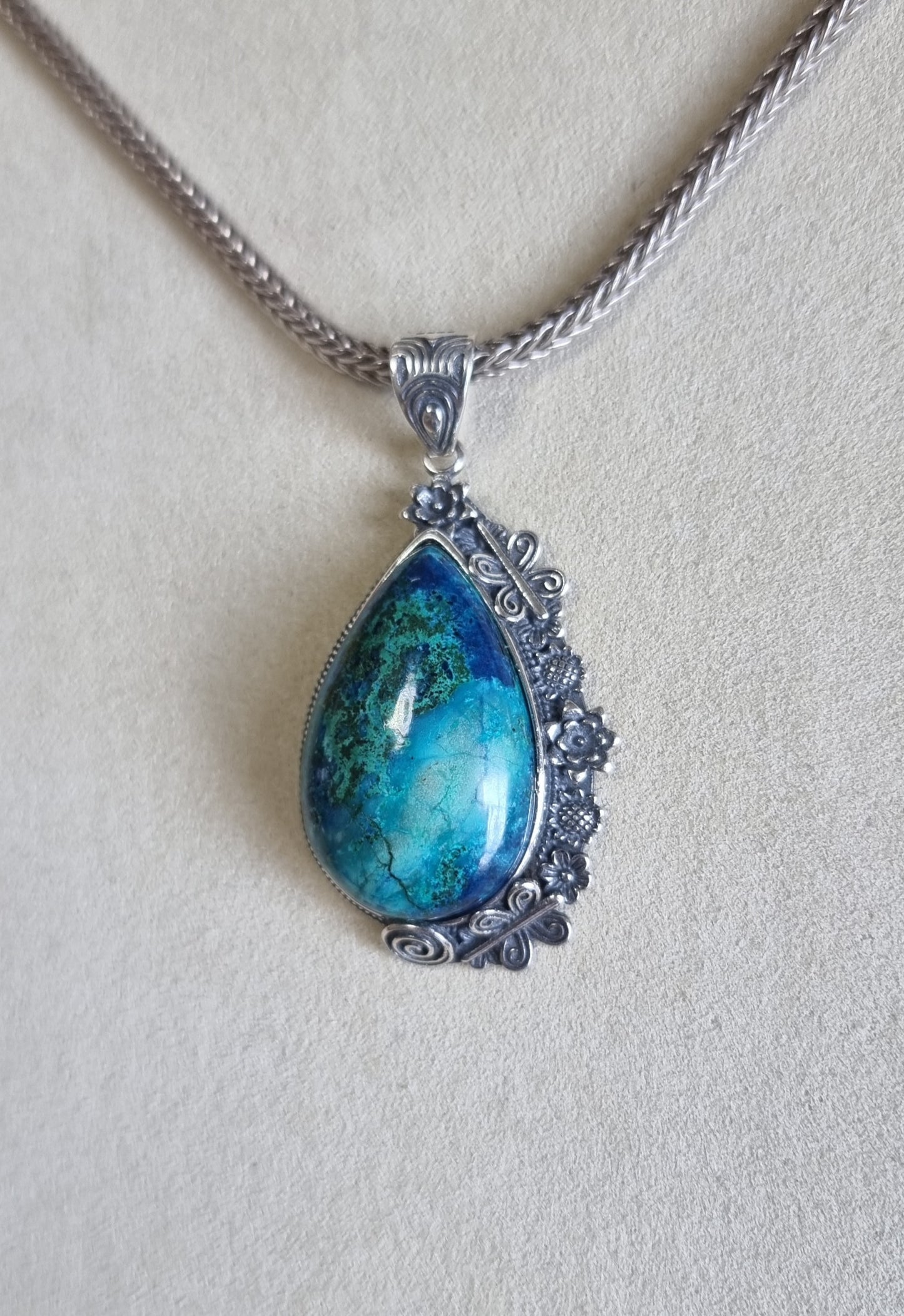 Chrysocolla Tearsdrop Pendant in S925 Tibetan Silver with Certification (High Grade)