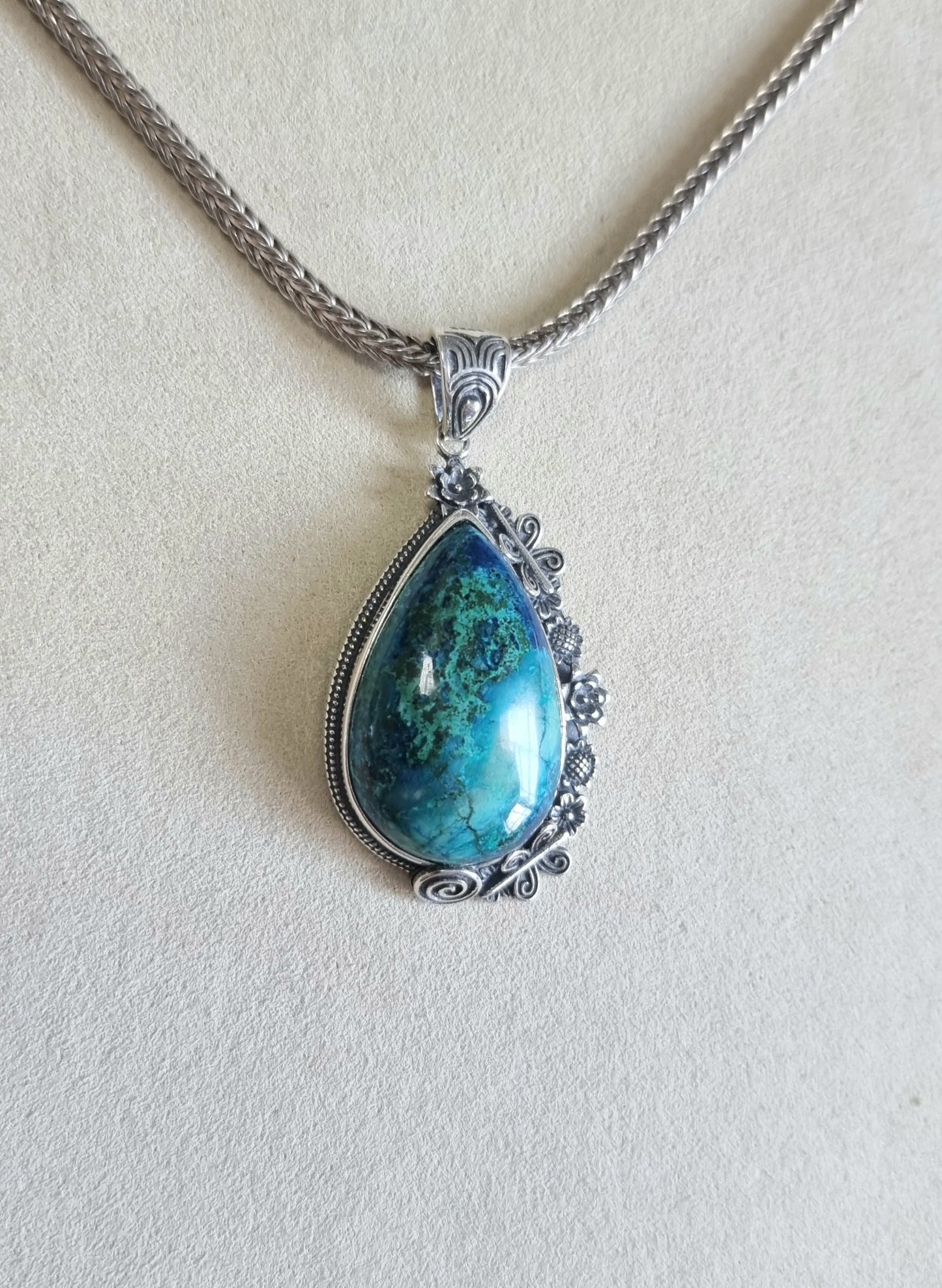 Chrysocolla Tearsdrop Pendant in S925 Tibetan Silver with Certification (High Grade)