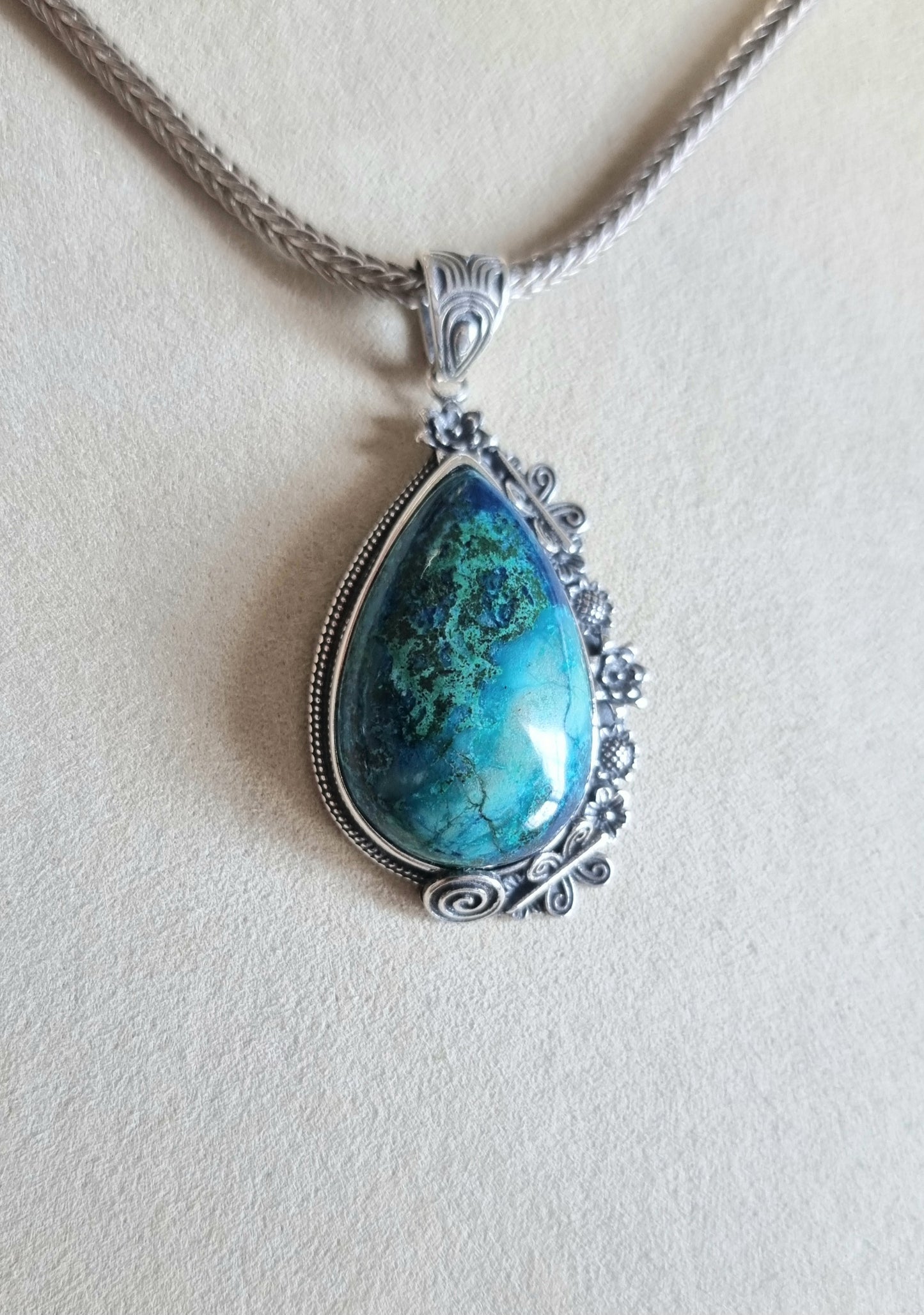 Chrysocolla Tearsdrop Pendant in S925 Tibetan Silver with Certification (High Grade)