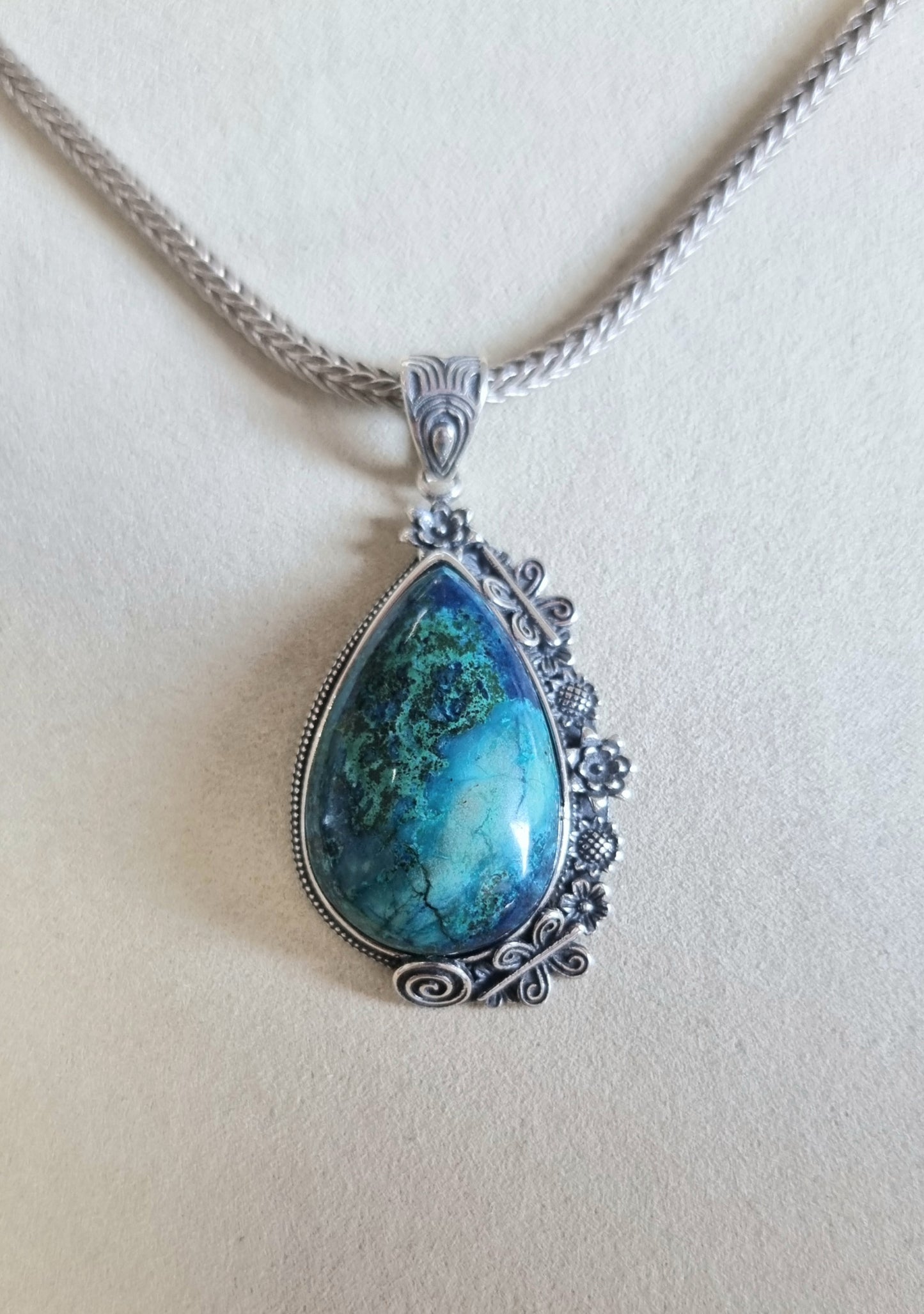 Chrysocolla Tearsdrop Pendant in S925 Tibetan Silver with Certification (High Grade)