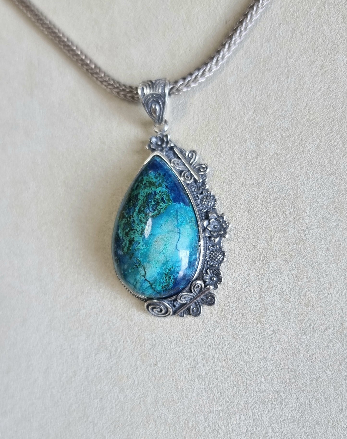 Chrysocolla Tearsdrop Pendant in S925 Tibetan Silver with Certification (High Grade)
