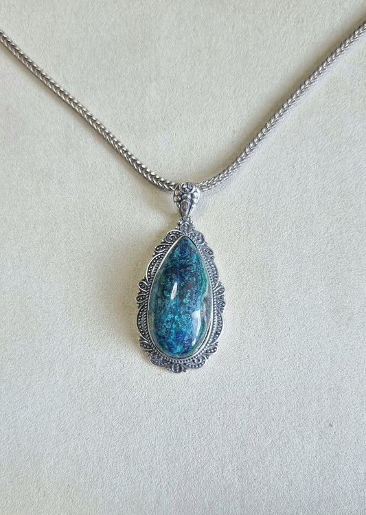 Chrysocolla Tearsdrop Pendant in S925 Tibetan Silver with Certification (High Grade)