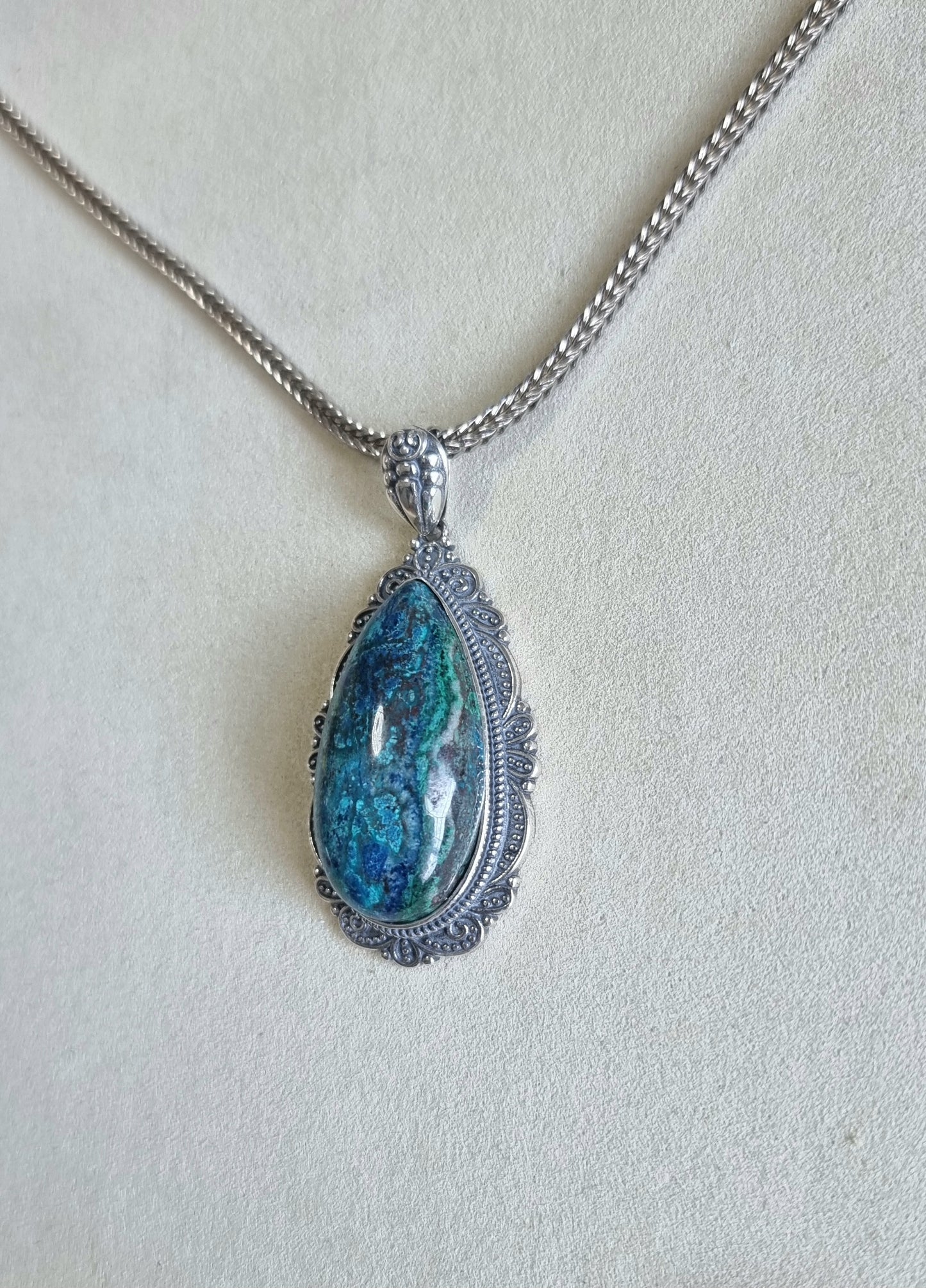 Chrysocolla Tearsdrop Pendant in S925 Tibetan Silver with Certification (High Grade)