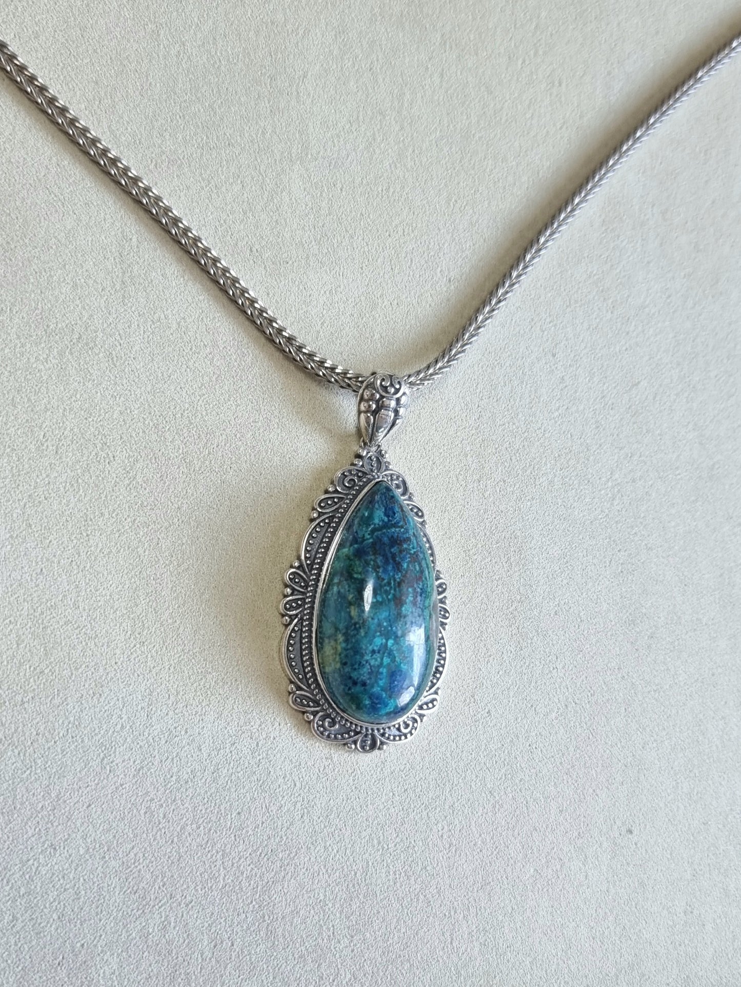 Chrysocolla Tearsdrop Pendant in S925 Tibetan Silver with Certification (High Grade)