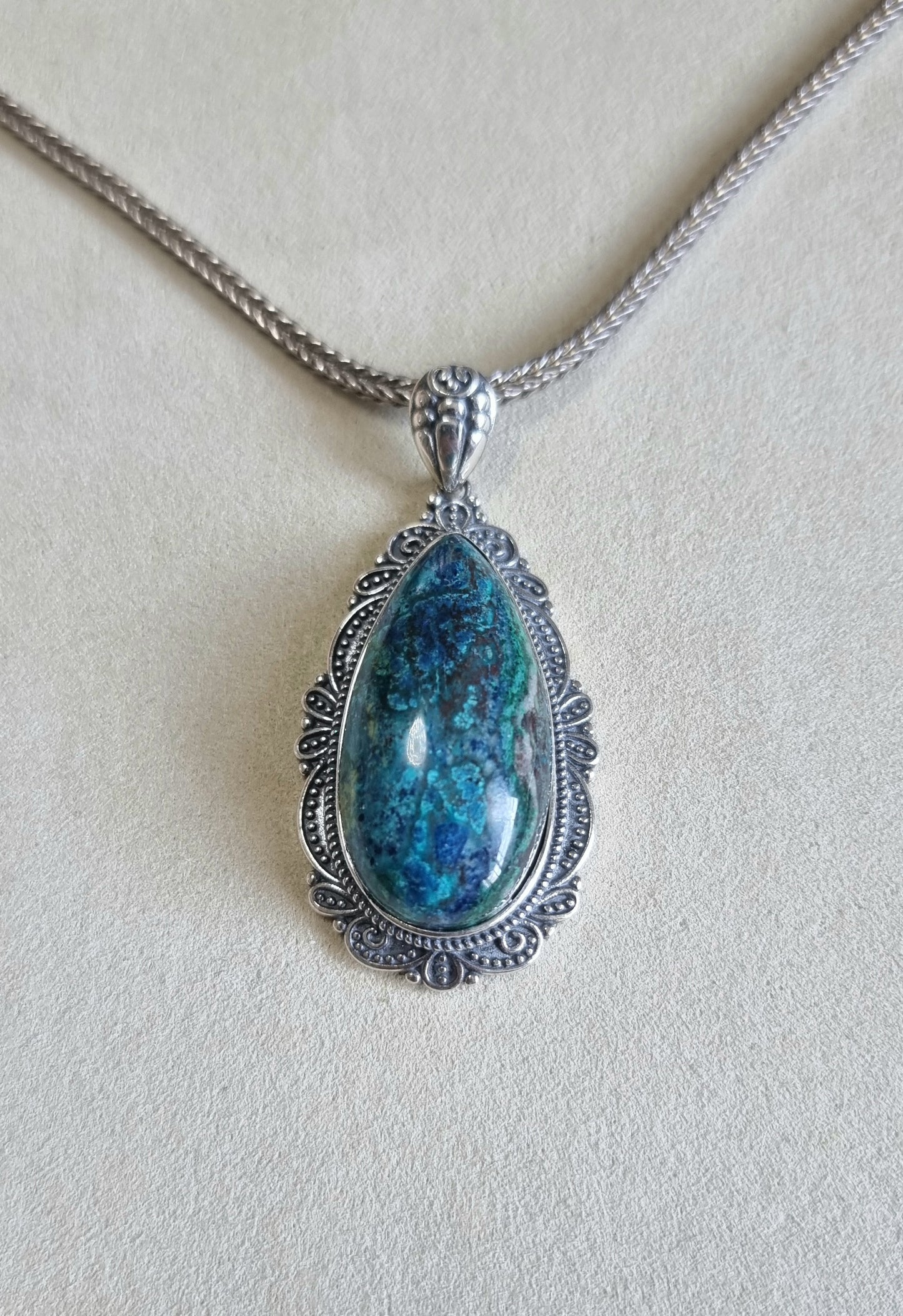 Chrysocolla Tearsdrop Pendant in S925 Tibetan Silver with Certification (High Grade)