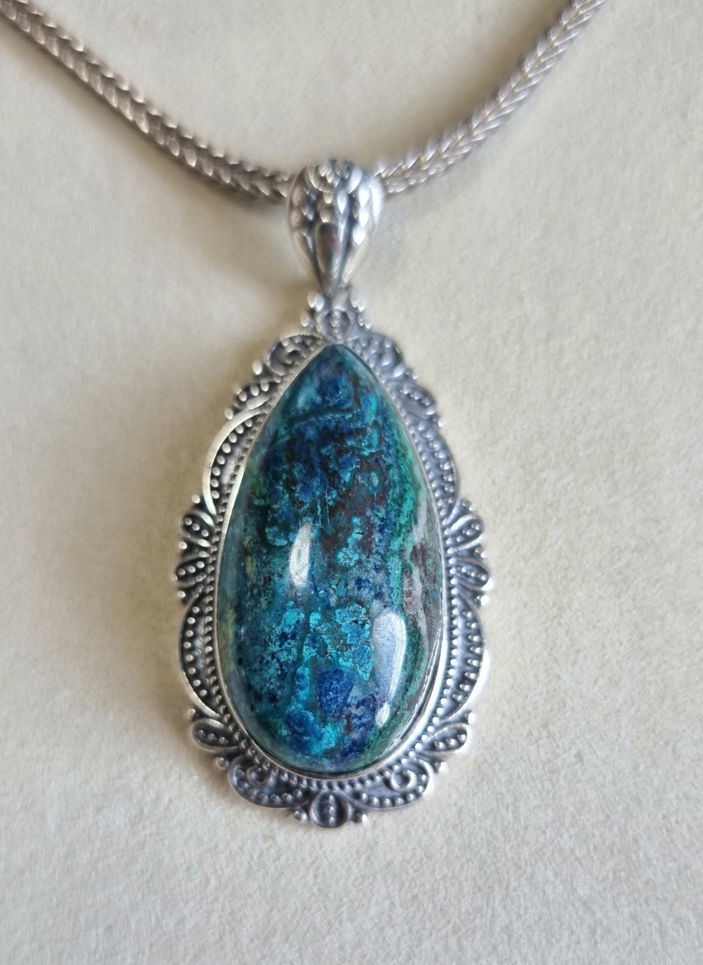 Chrysocolla Tearsdrop Pendant in S925 Tibetan Silver with Certification (High Grade)
