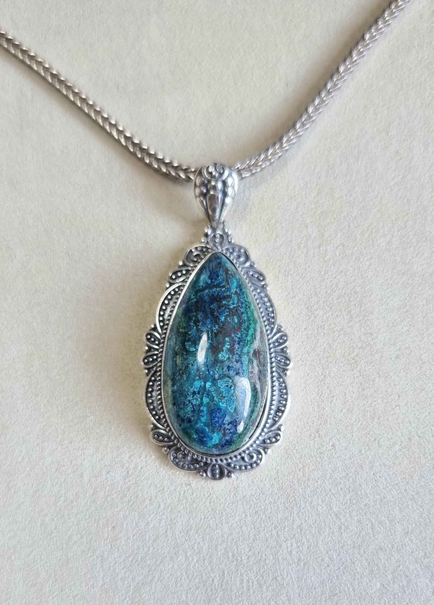 Chrysocolla Tearsdrop Pendant in S925 Tibetan Silver with Certification (High Grade)