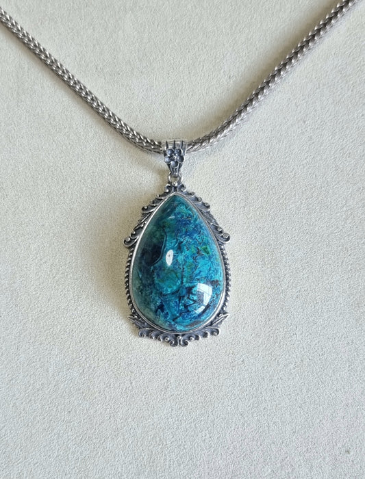Chrysocolla Tearsdrop Pendant in S925 Tibetan Silver with Certification (High Grade)