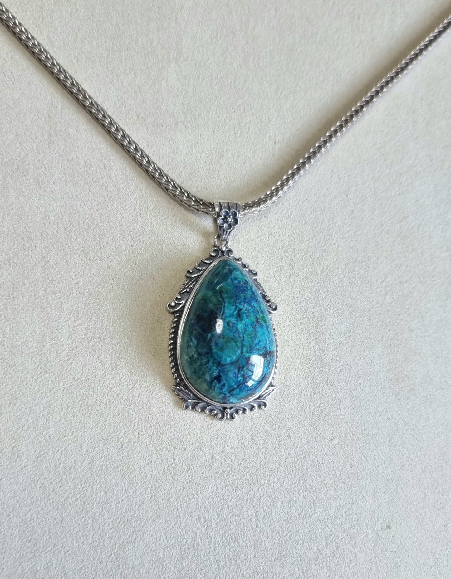 Chrysocolla Tearsdrop Pendant in S925 Tibetan Silver with Certification (High Grade)