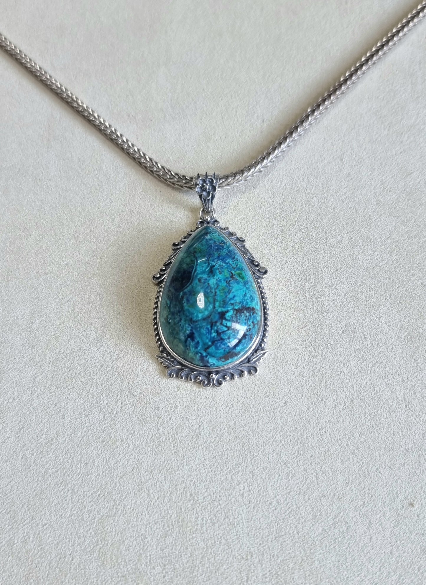 Chrysocolla Tearsdrop Pendant in S925 Tibetan Silver with Certification (High Grade)