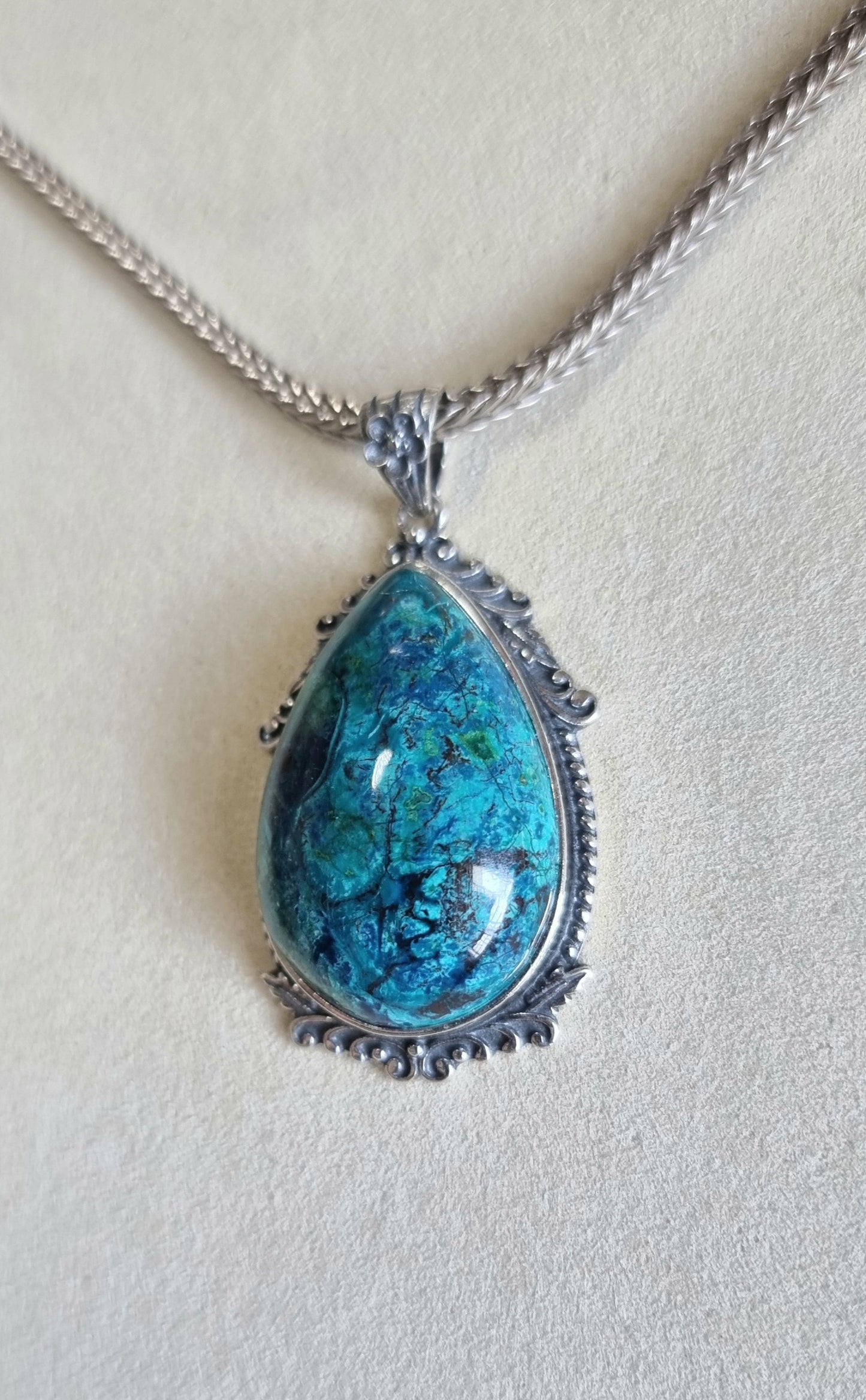 Chrysocolla Tearsdrop Pendant in S925 Tibetan Silver with Certification (High Grade)