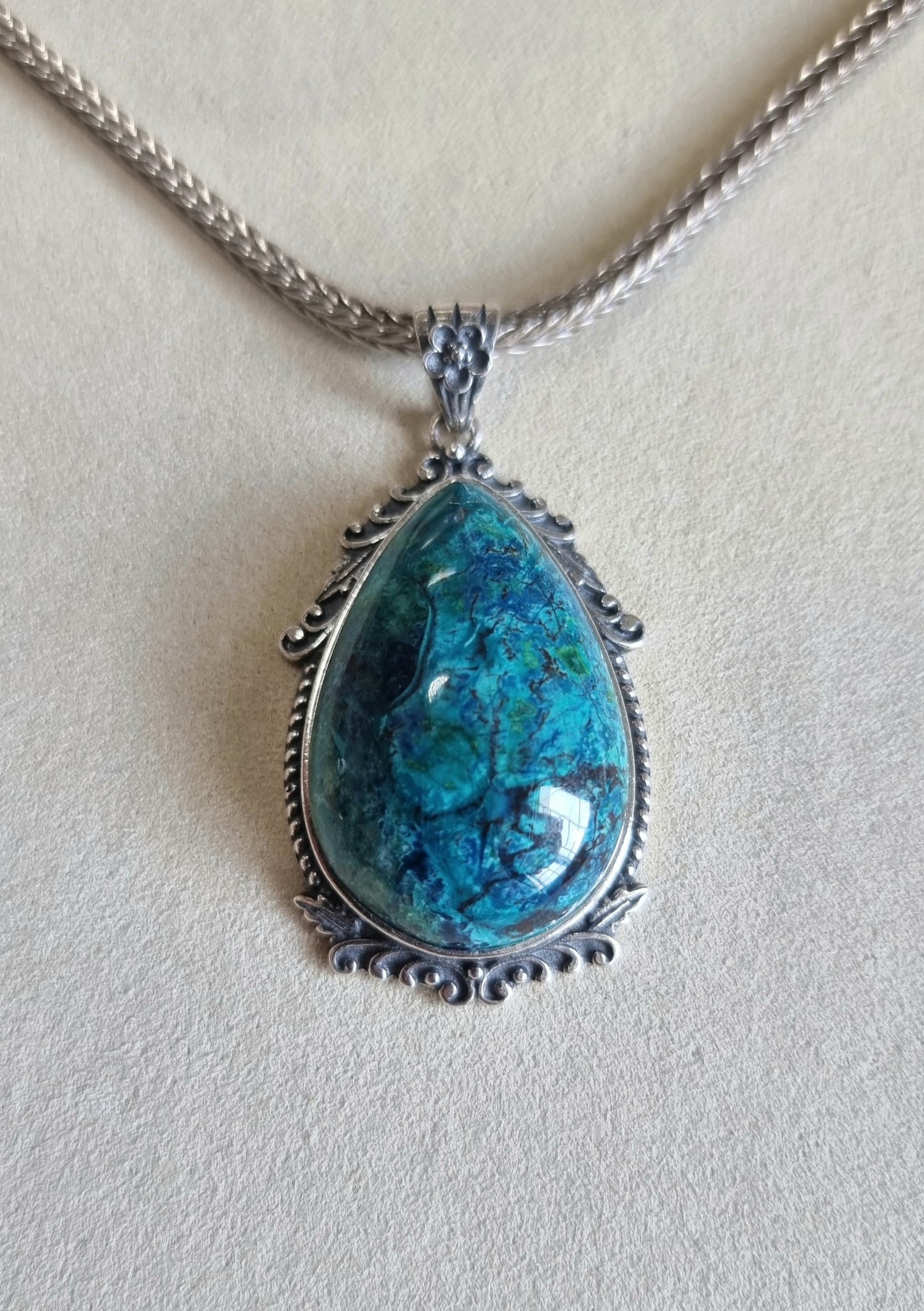 Chrysocolla Tearsdrop Pendant in S925 Tibetan Silver with Certification (High Grade)